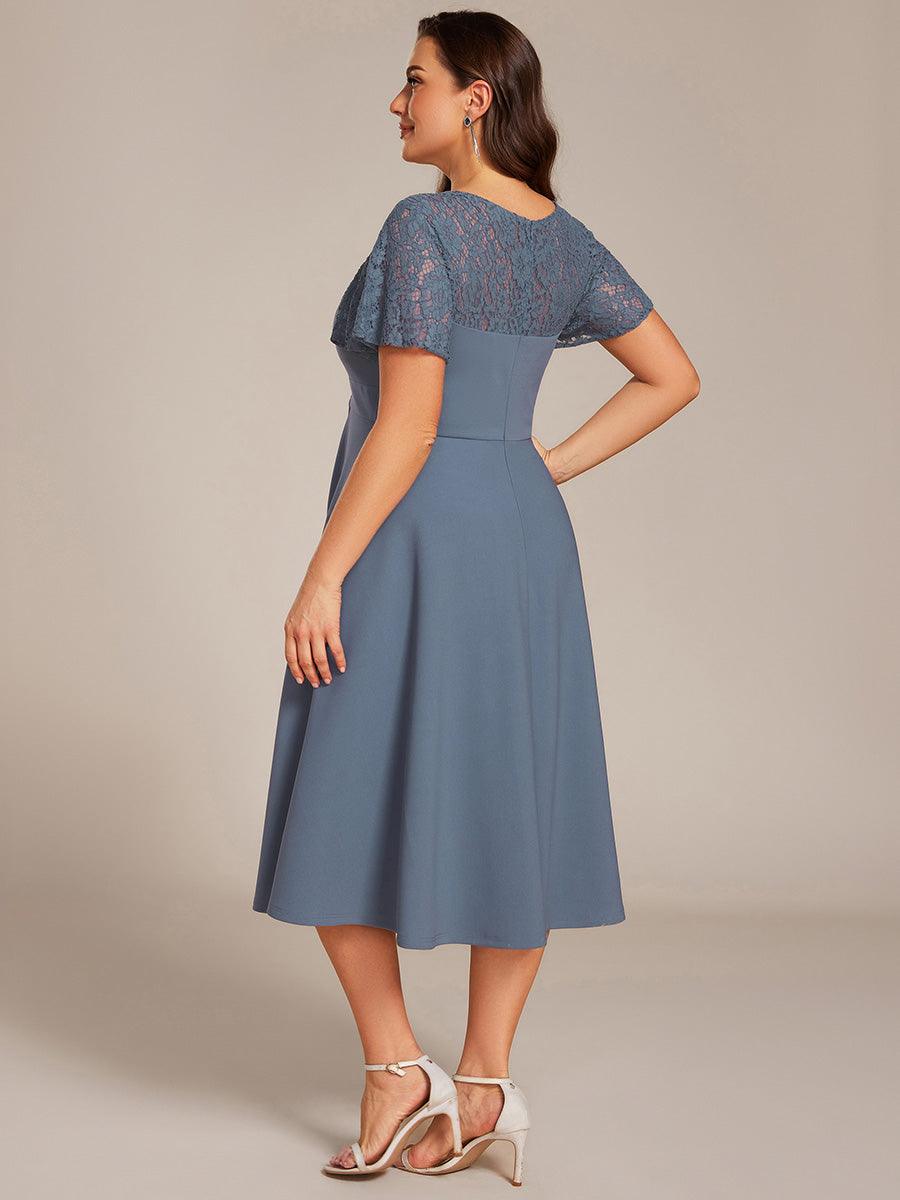 Plus Size A-Line V-Neck Short Sleeves Pleated Wedding Guest Dress with Pockets