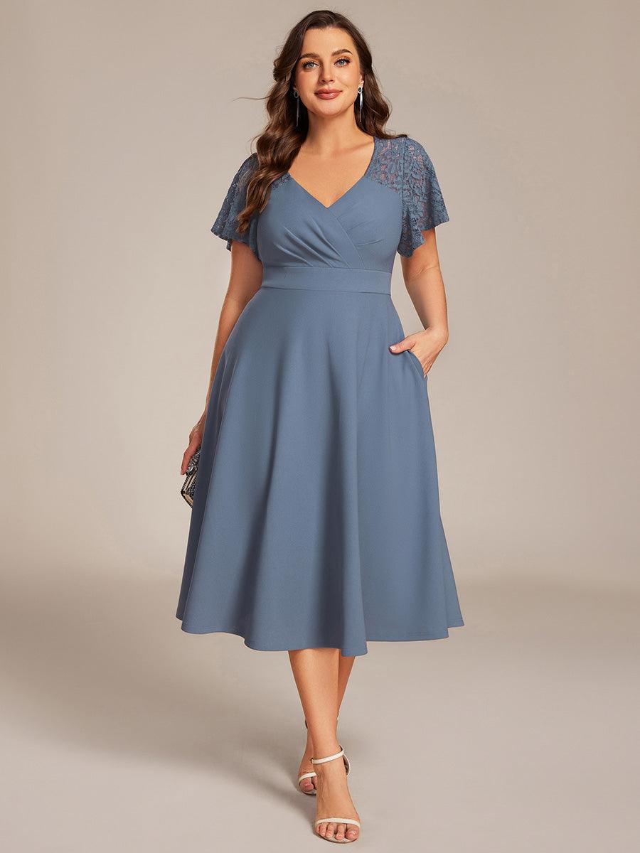 Plus Size A-Line V-Neck Short Sleeves Pleated Wedding Guest Dress with Pockets