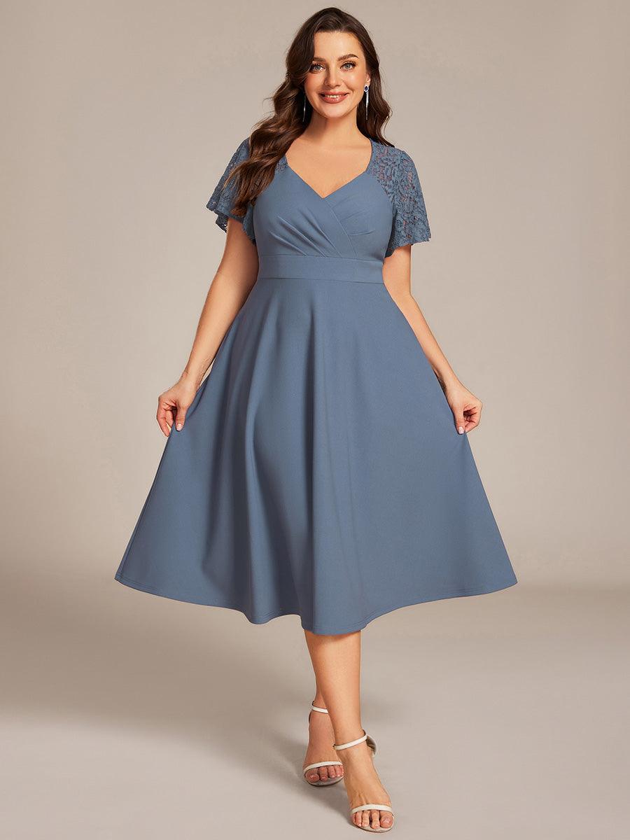 Plus Size A-Line V-Neck Short Sleeves Pleated Wedding Guest Dress with Pockets