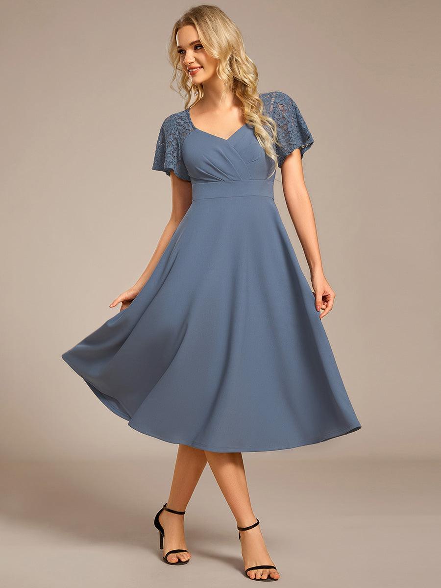 A-Line V-Neck Short Sleeves with Lace Wedding Guest Dress with Pockets