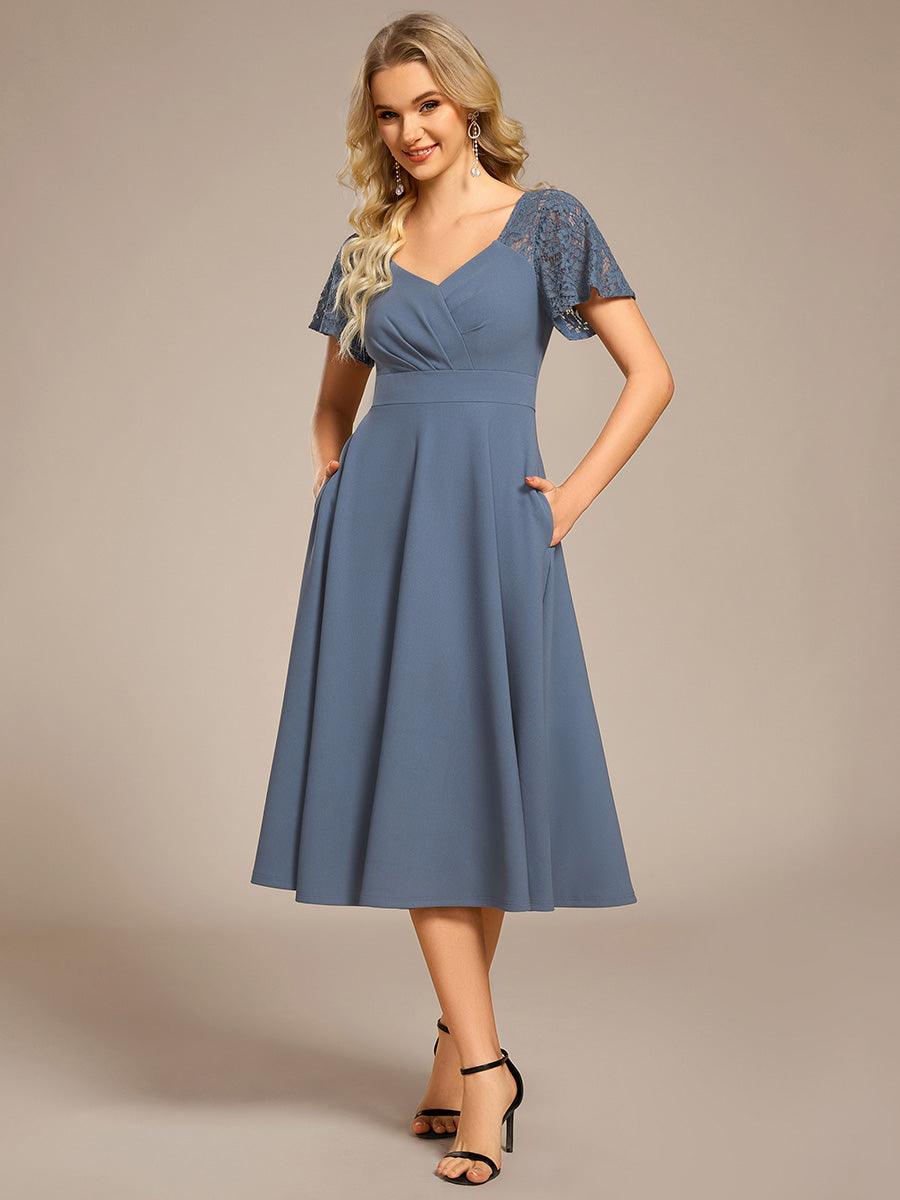 A-Line V-Neck Short Sleeves with Lace Wedding Guest Dress with Pockets