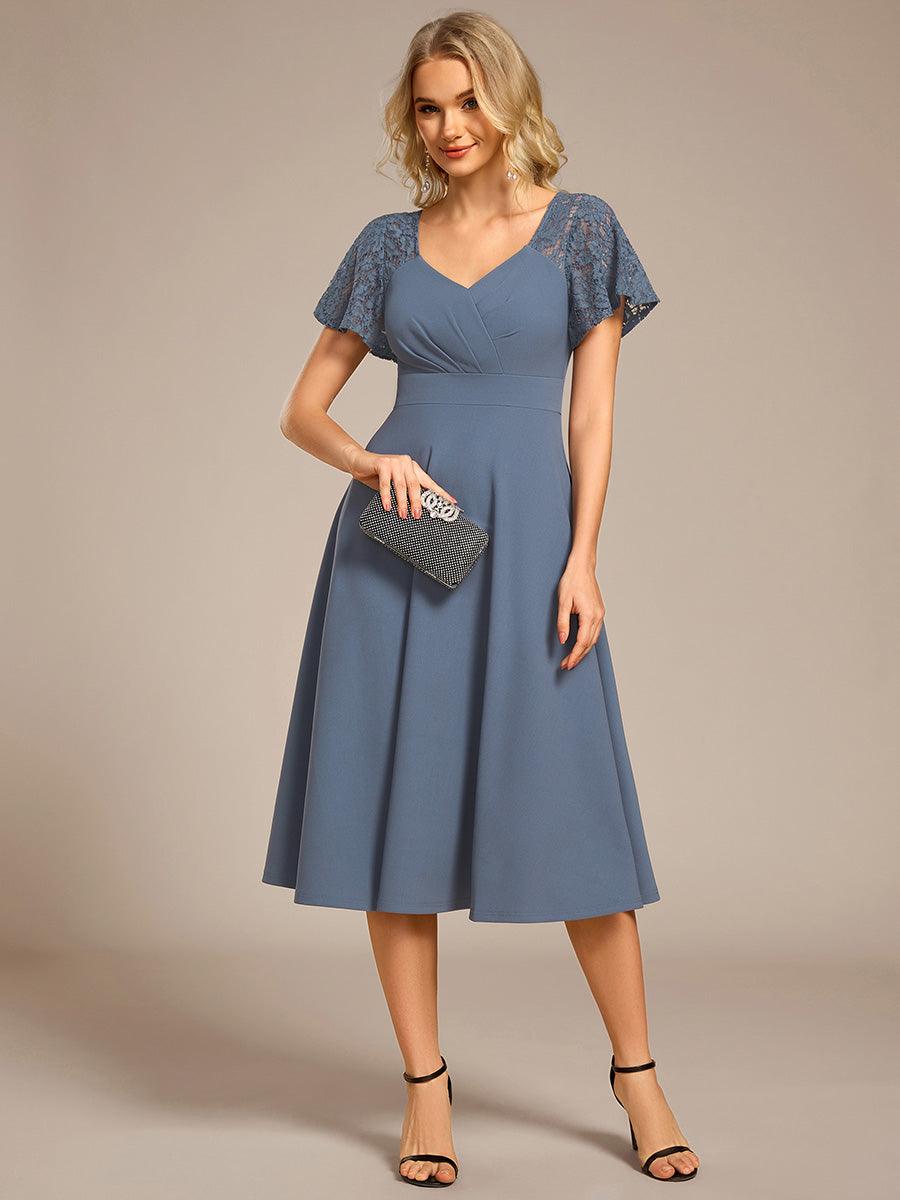 A-Line V-Neck Short Sleeves with Lace Wedding Guest Dress with Pockets