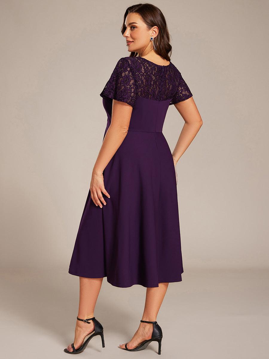 Plus Size A-Line V-Neck Short Sleeves Pleated Wedding Guest Dress with Pockets