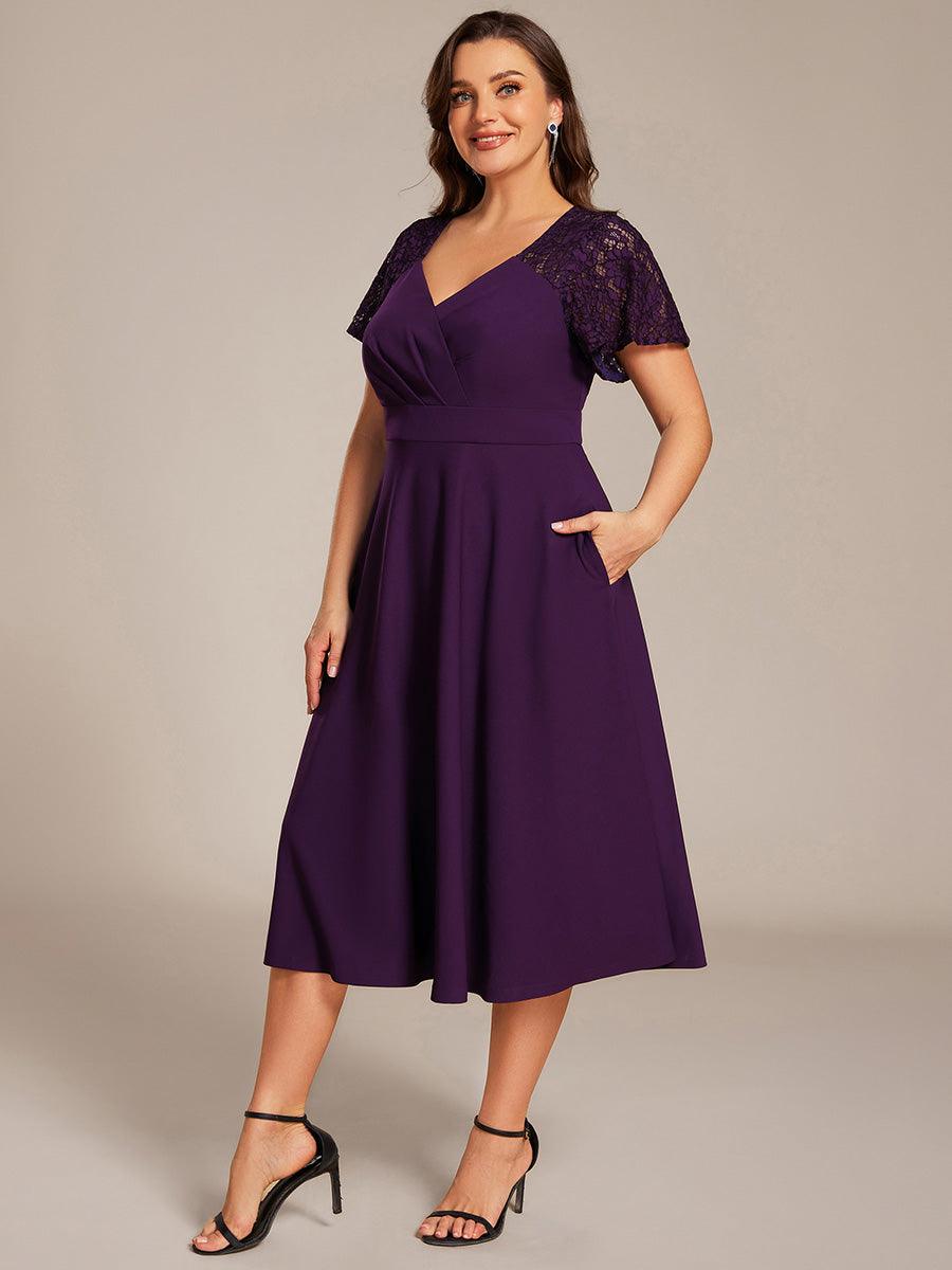 Plus Size A-Line V-Neck Short Sleeves Pleated Wedding Guest Dress with Pockets