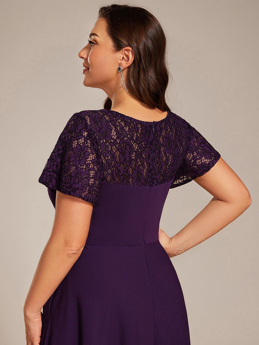 Plus Size A-Line V-Neck Short Sleeves Pleated Wedding Guest Dress with Pockets
