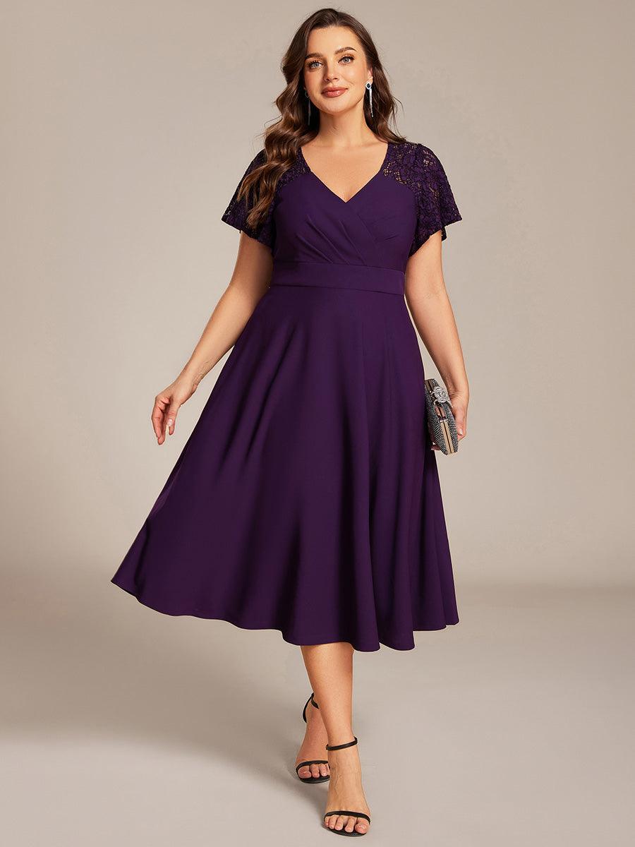 Plus Size A-Line V-Neck Short Sleeves Pleated Wedding Guest Dress with Pockets