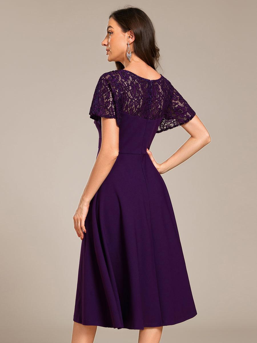 A-Line V-Neck Short Sleeves with Lace Wedding Guest Dress with Pockets