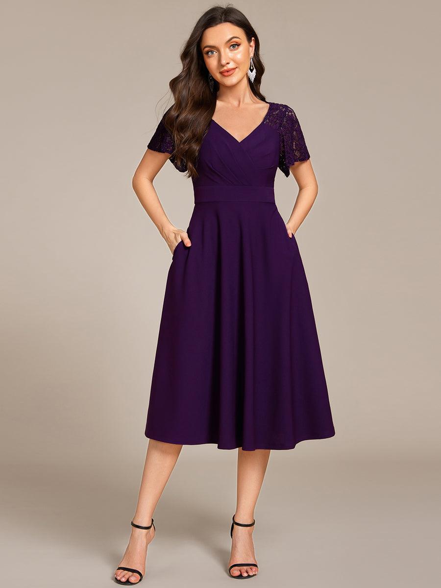 A-Line V-Neck Short Sleeves with Lace Wedding Guest Dress with Pockets