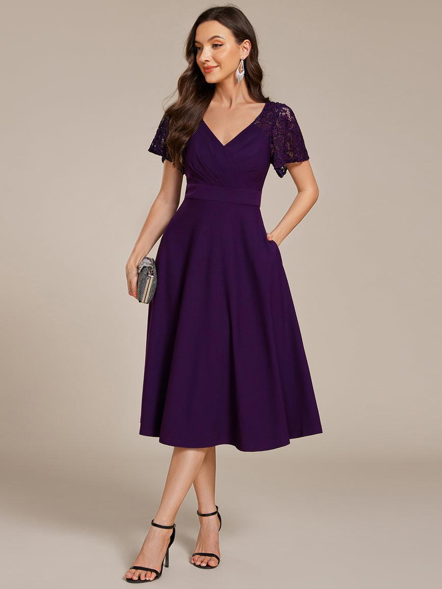 A-Line V-Neck Short Sleeves with Lace Wedding Guest Dress with Pockets