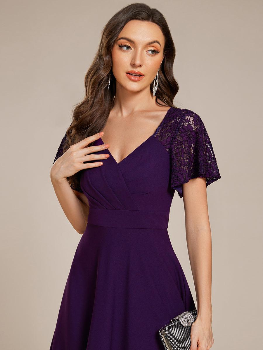 A-Line V-Neck Short Sleeves with Lace Wedding Guest Dress with Pockets