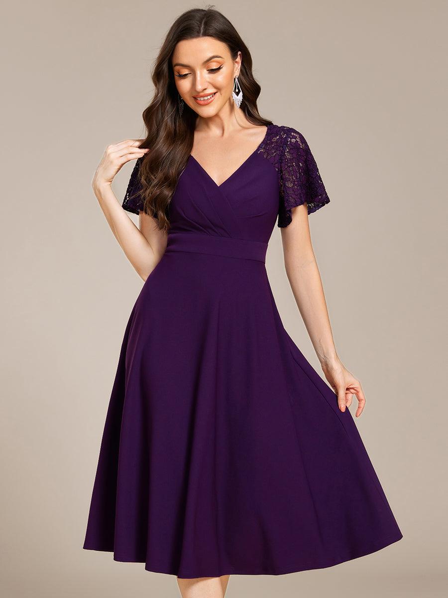 A-Line V-Neck Short Sleeves with Lace Wedding Guest Dress with Pockets