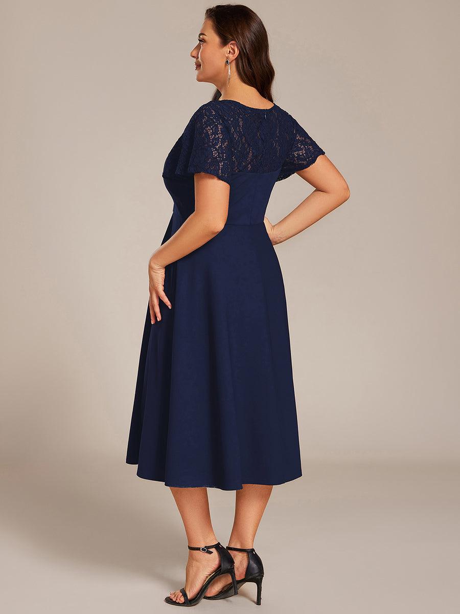 Plus Size A-Line V-Neck Short Sleeves Pleated Wedding Guest Dress with Pockets
