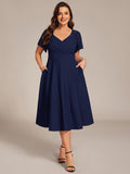 Plus Size A-Line V-Neck Short Sleeves Pleated Wedding Guest Dress with Pockets