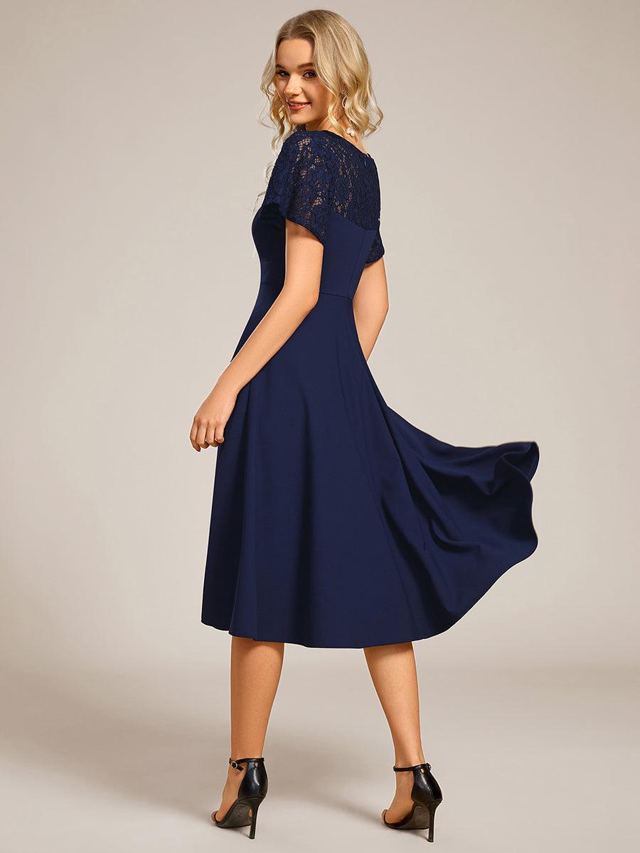 A-Line V-Neck Short Sleeves with Lace Wedding Guest Dress with Pockets