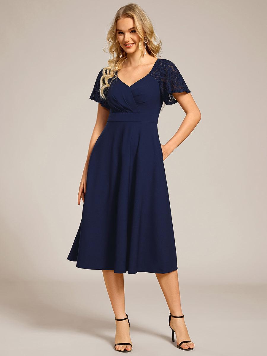 A-Line V-Neck Short Sleeves with Lace Wedding Guest Dress with Pockets