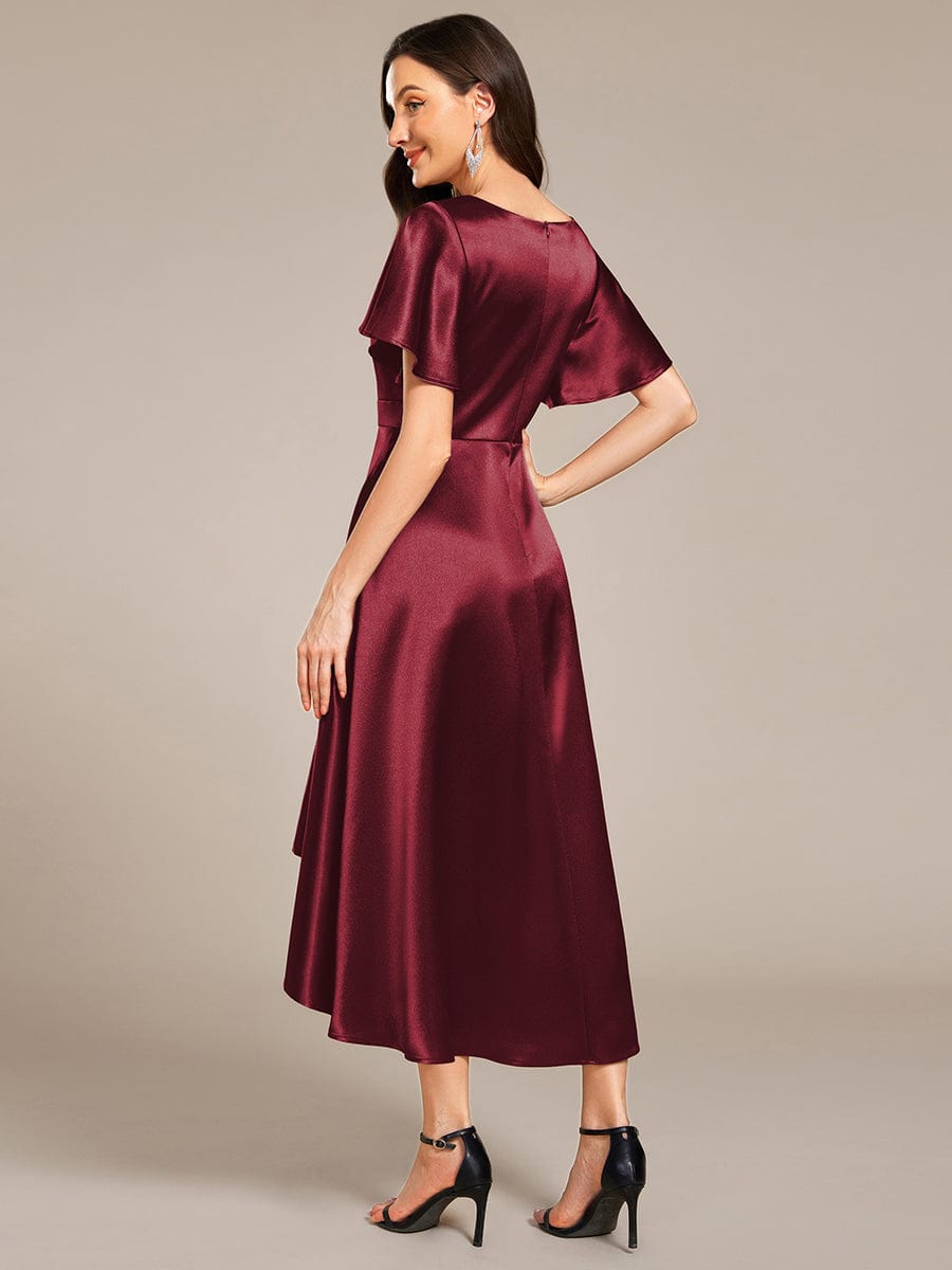 A-Line V-neck High-Low Short Sleeves Wedding Guest Dress with Pockets