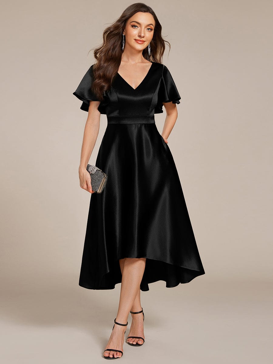 A-Line V-neck High-Low Short Sleeves Wedding Guest Dress with Pockets