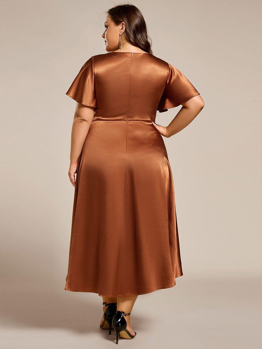 Plus Size A-Line Satin V-Neck Midi Wedding Guest Dress with Pockets