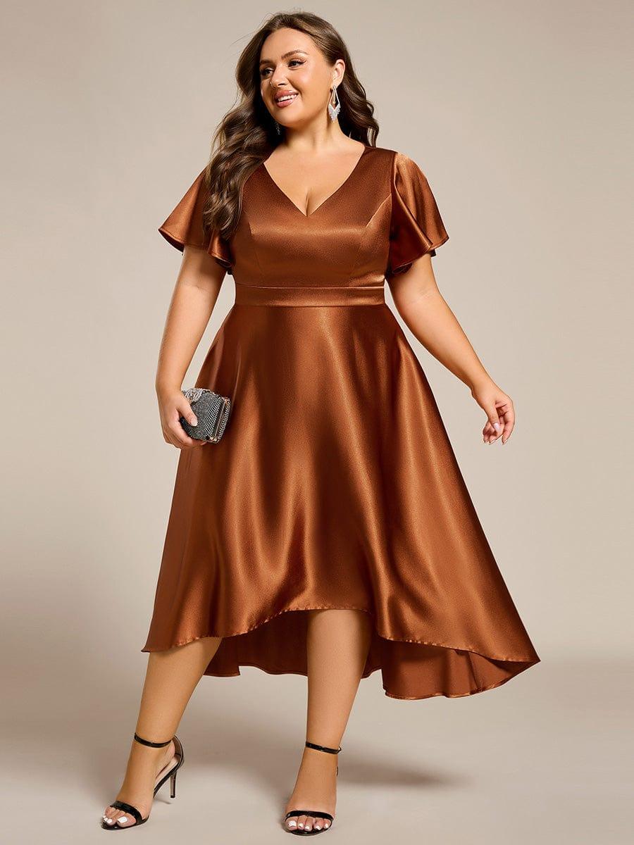 Plus Size A-Line Satin V-Neck Midi Wedding Guest Dress with Pockets