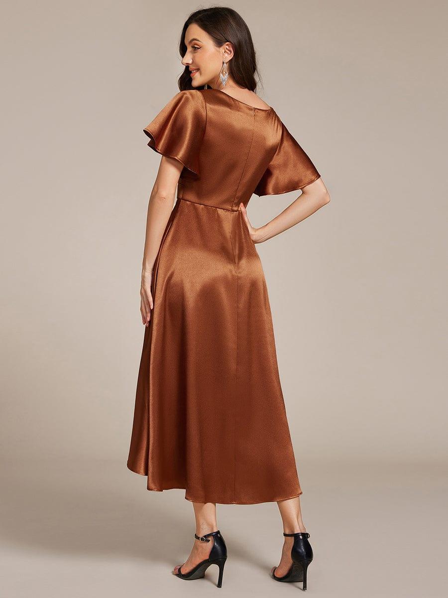 A-Line V-neck High-Low Short Sleeves Wedding Guest Dress with Pockets