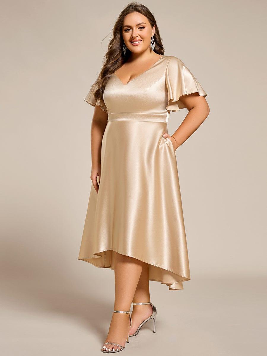 Plus Size A-Line Satin V-Neck Midi Wedding Guest Dress with Pockets