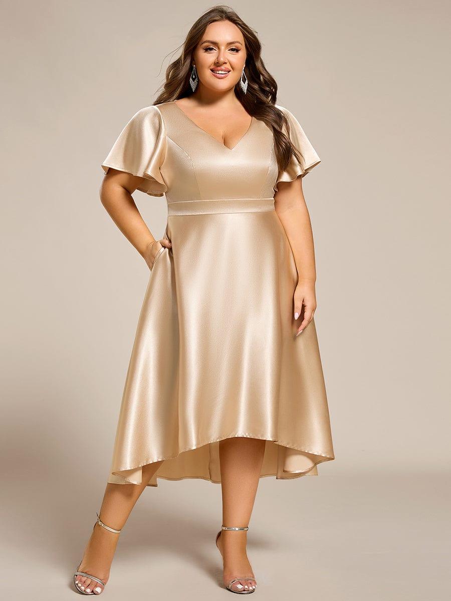 Plus Size A-Line Satin V-Neck Midi Wedding Guest Dress with Pockets