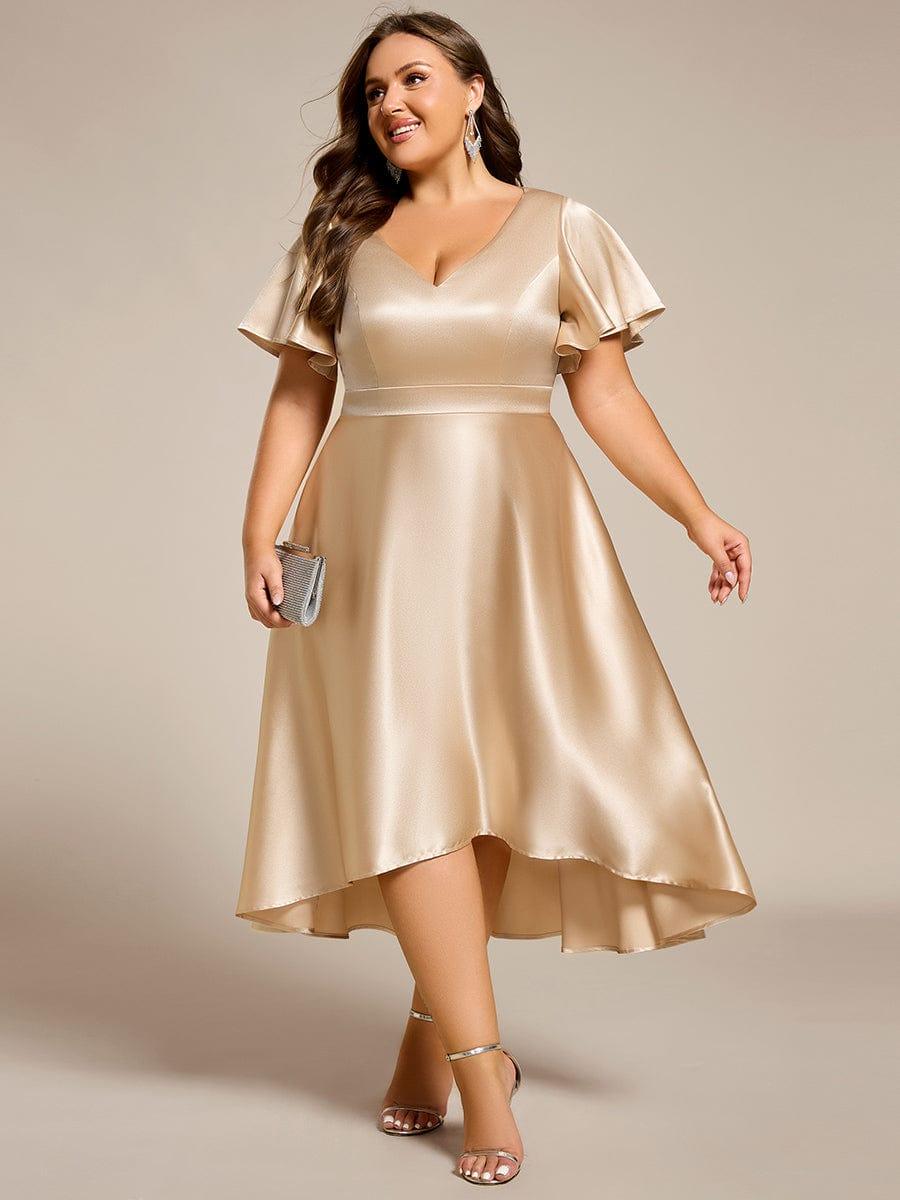 Plus Size A-Line Satin V-Neck Midi Wedding Guest Dress with Pockets
