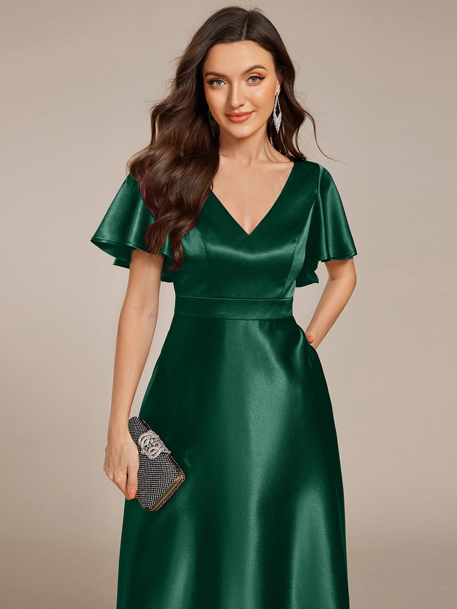 A-Line V-neck High-Low Short Sleeves Wedding Guest Dress with Pockets