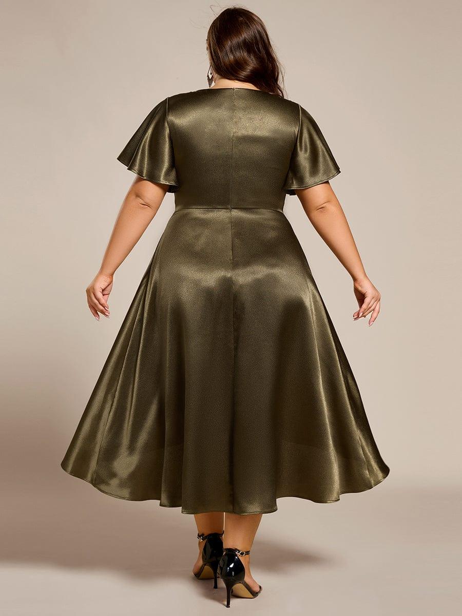 Plus Size A-Line Satin V-Neck Midi Wedding Guest Dress with Pockets