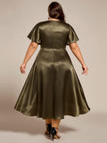 Plus Size A-Line Satin V-Neck Midi Wedding Guest Dress with Pockets