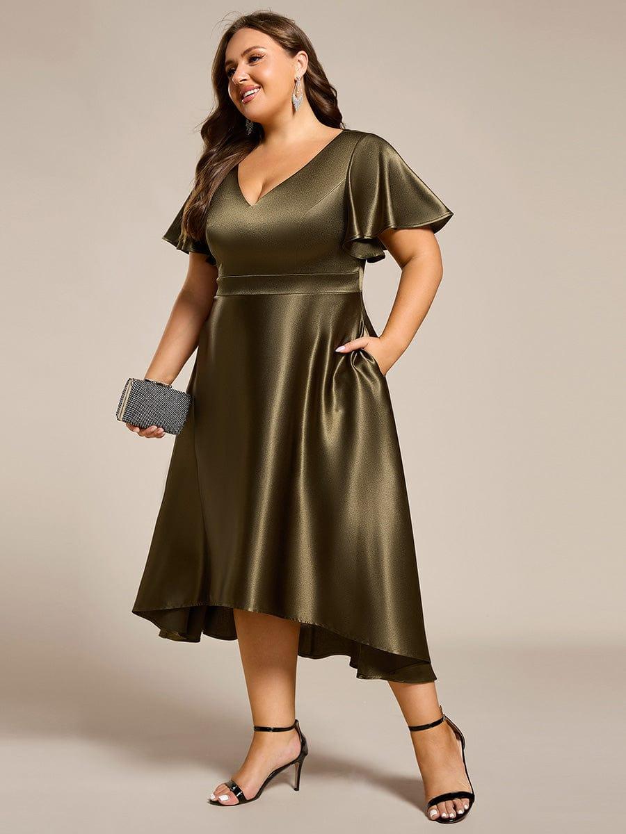 Plus Size A-Line Satin V-Neck Midi Wedding Guest Dress with Pockets