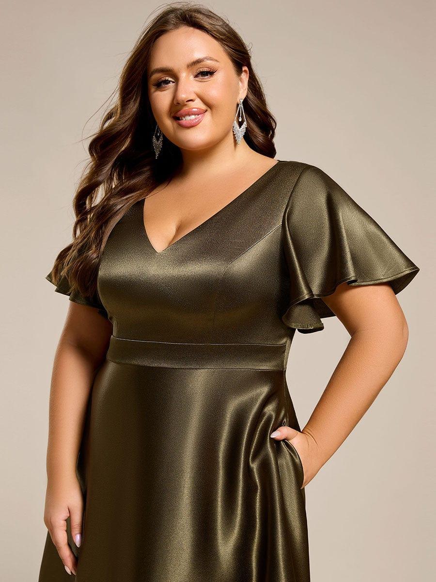 Plus Size A-Line Satin V-Neck Midi Wedding Guest Dress with Pockets