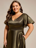 Plus Size A-Line Satin V-Neck Midi Wedding Guest Dress with Pockets