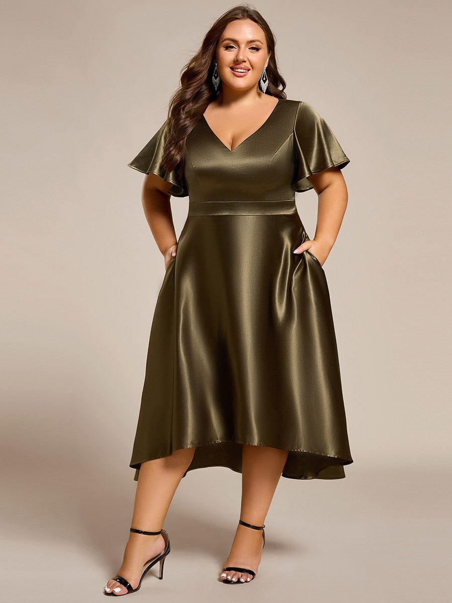 Plus Size A-Line Satin V-Neck Midi Wedding Guest Dress with Pockets