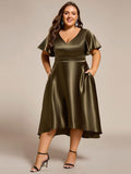 Plus Size A-Line Satin V-Neck Midi Wedding Guest Dress with Pockets