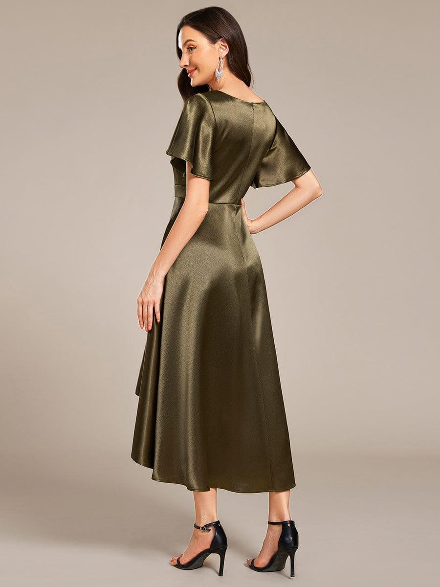 A-Line V-neck High-Low Short Sleeves Wedding Guest Dress with Pockets