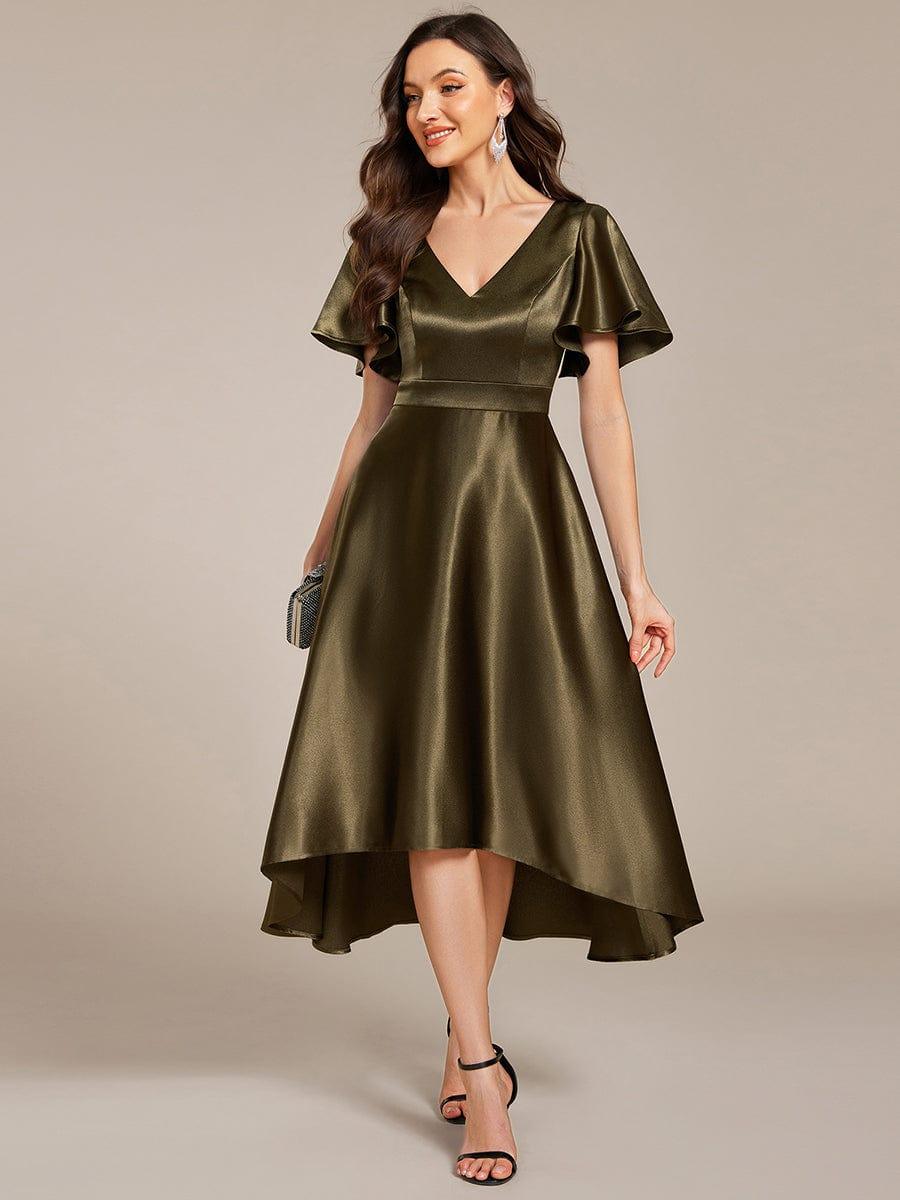 A-Line V-neck High-Low Short Sleeves Wedding Guest Dress with Pockets