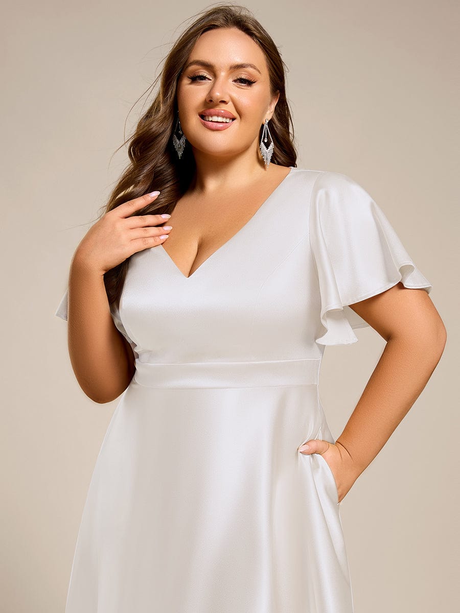 A-Line V-neck High-Low Short Sleeves Wedding Guest Dress with Pockets