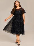 Plus Size A-Line Sequin Appliques Midi Wedding Guest Dress with Short Sleeves