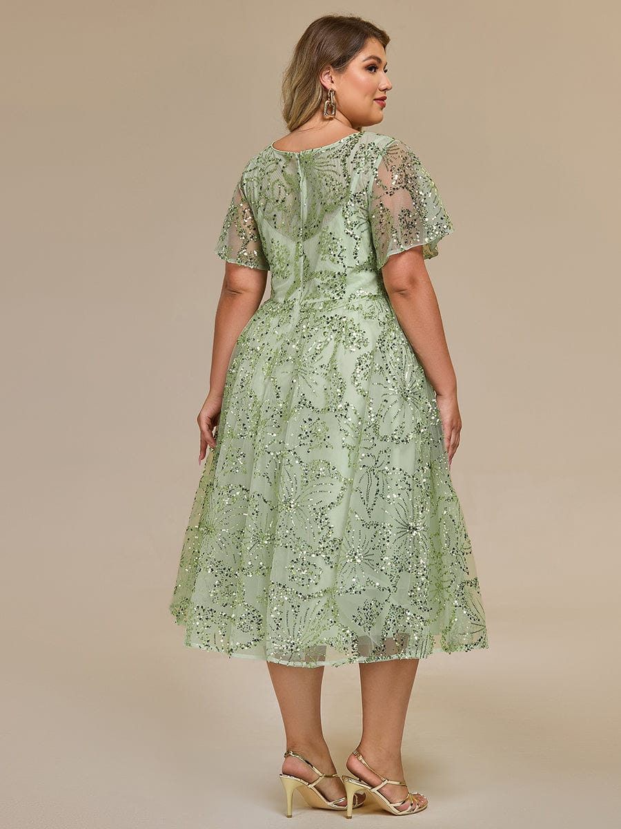 Plus Size A-Line Sequin Appliques Midi Wedding Guest Dress with Short Sleeves