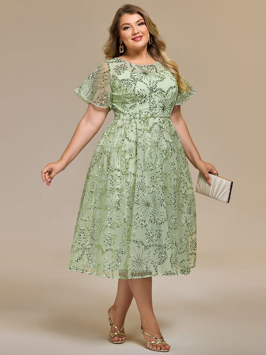 Plus Size A-Line Sequin Appliques Midi Wedding Guest Dress with Short Sleeves