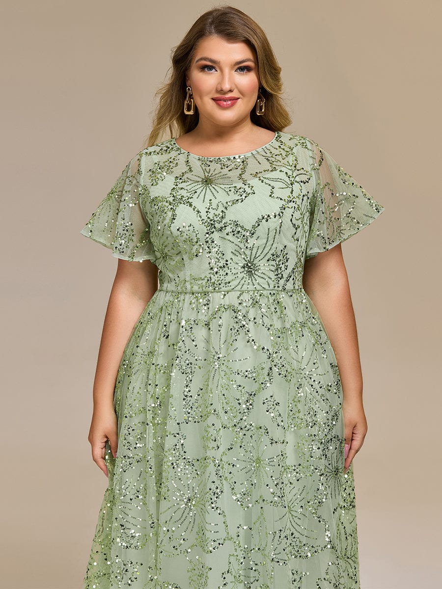 Plus Size A-Line Sequin Appliques Midi Wedding Guest Dress with Short Sleeves