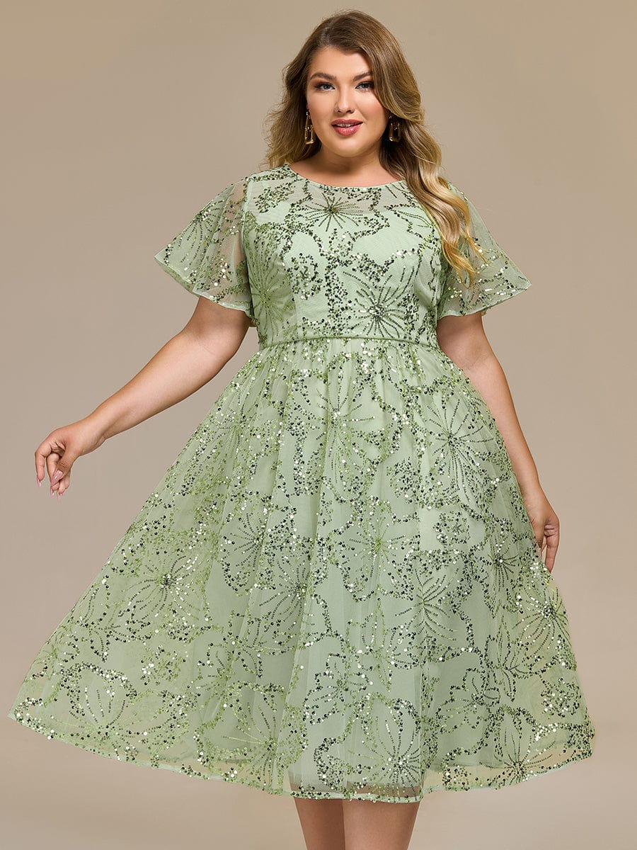 Plus Size A-Line Sequin Appliques Midi Wedding Guest Dress with Short Sleeves