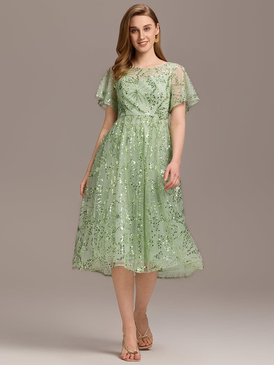 Sheer A-Line Ruffle Sequin Appliques Wedding Guest Dress with Short Sleeves