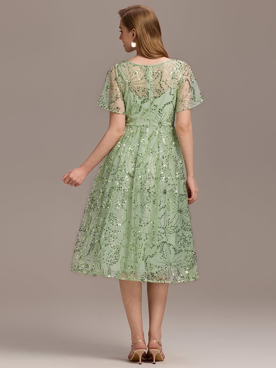 Sheer A-Line Ruffle Sequin Appliques Wedding Guest Dress with Short Sleeves
