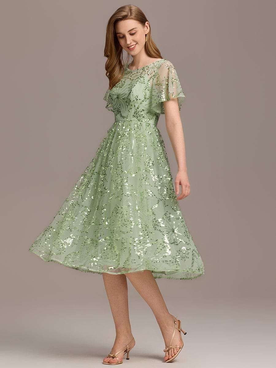 Sheer A-Line Ruffle Sequin Appliques Wedding Guest Dress with Short Sleeves