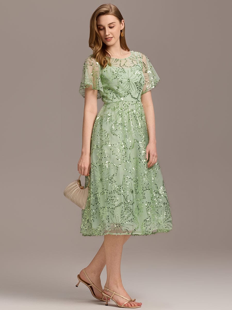 Sheer A-Line Ruffle Sequin Appliques Wedding Guest Dress with Short Sleeves