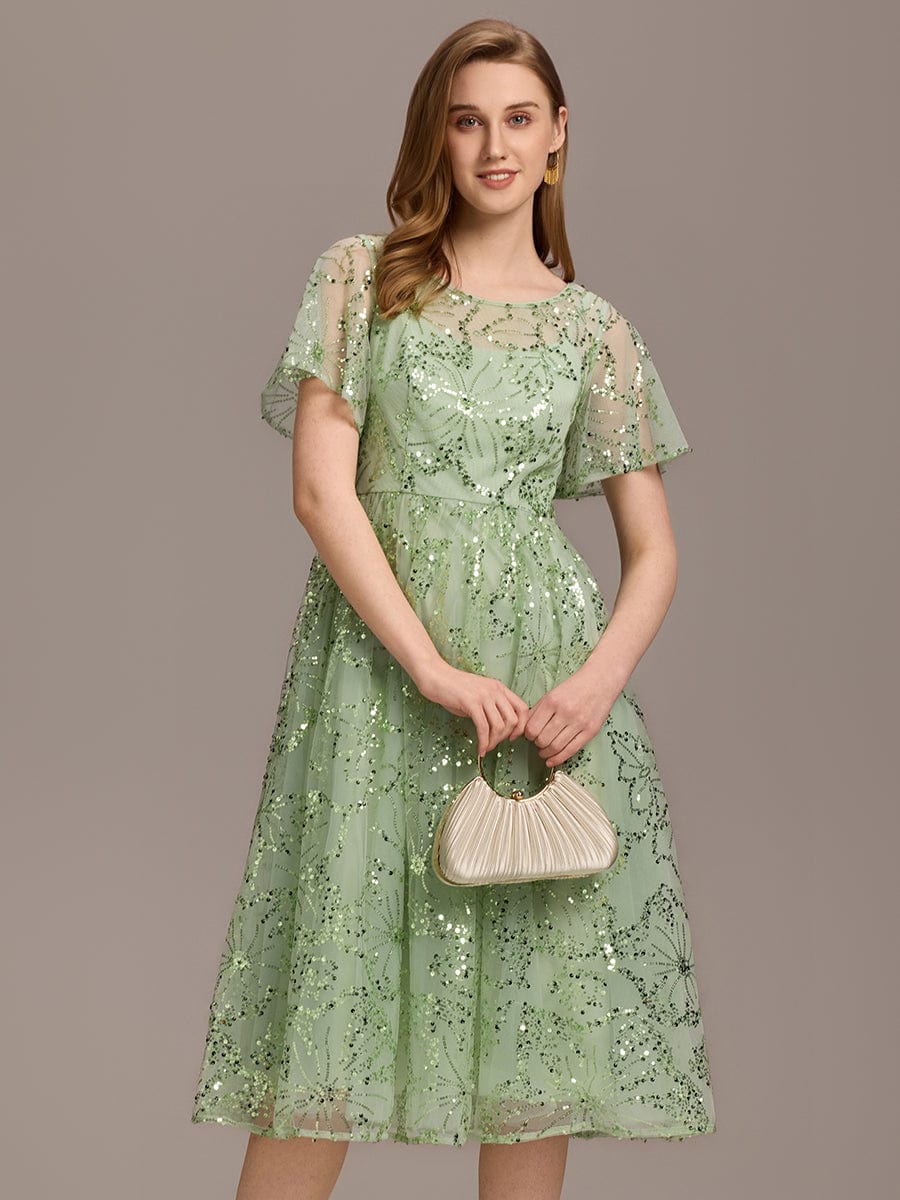 Sheer A-Line Ruffle Sequin Appliques Wedding Guest Dress with Short Sleeves