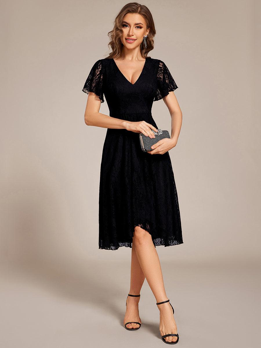 A-Line Ruffle Short Sleeves V-Neck Empire-Waist Lace Wedding Guest Dress