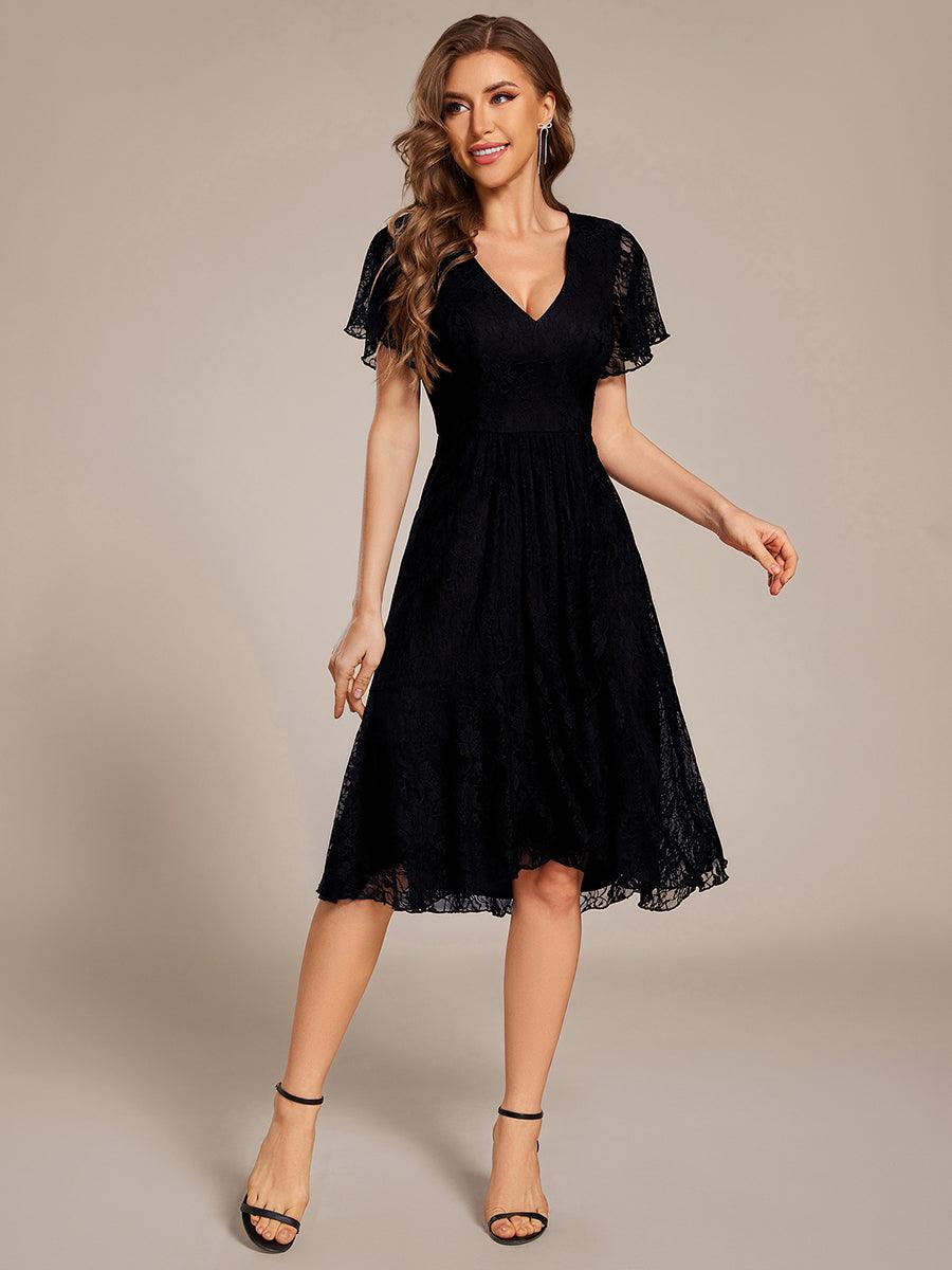A-Line Ruffle Short Sleeves V-Neck Empire-Waist Lace Wedding Guest Dress